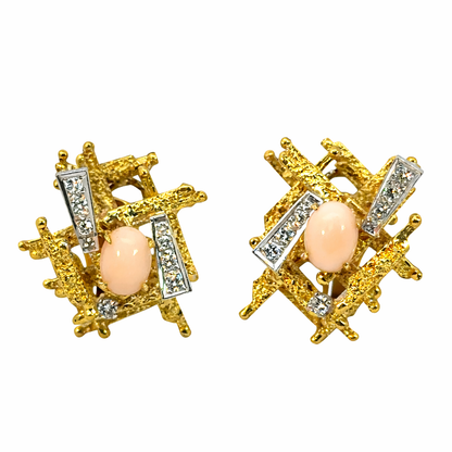 18K Yellow Gold Coral & Diamond Abstract French-Clip Earrings