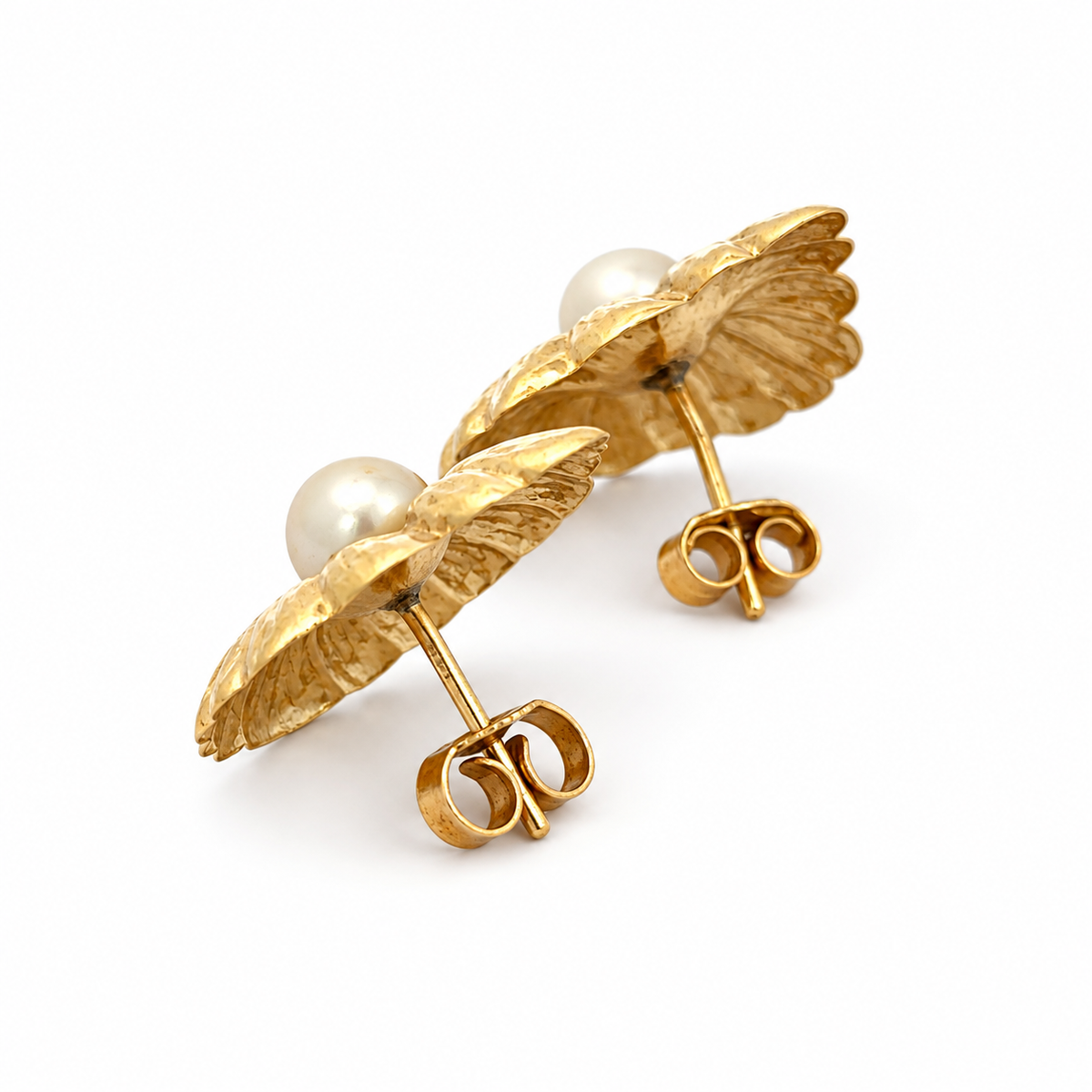 Vintage 14K Yellow Gold Pearl Leaf Earrings