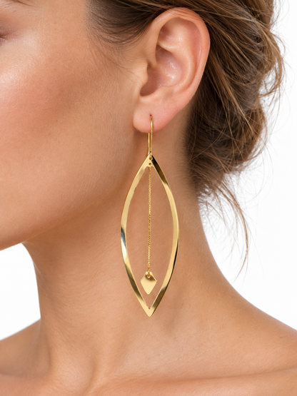 14K Yellow Gold Long Marquise Drop Earrings with Chain & Kite Charms