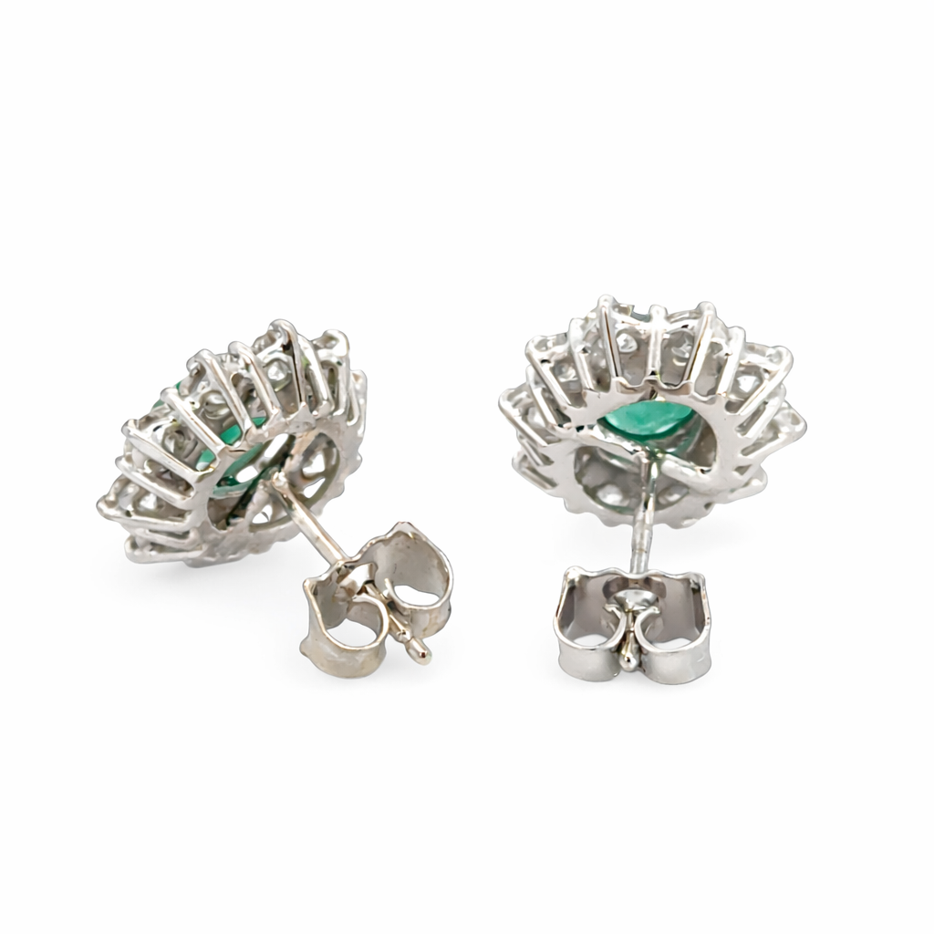 18K White Gold Emerald and Diamond Halo Stud Earrings