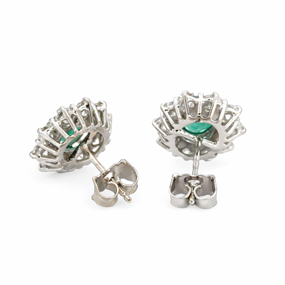 18K White Gold Emerald and Diamond Halo Stud Earrings