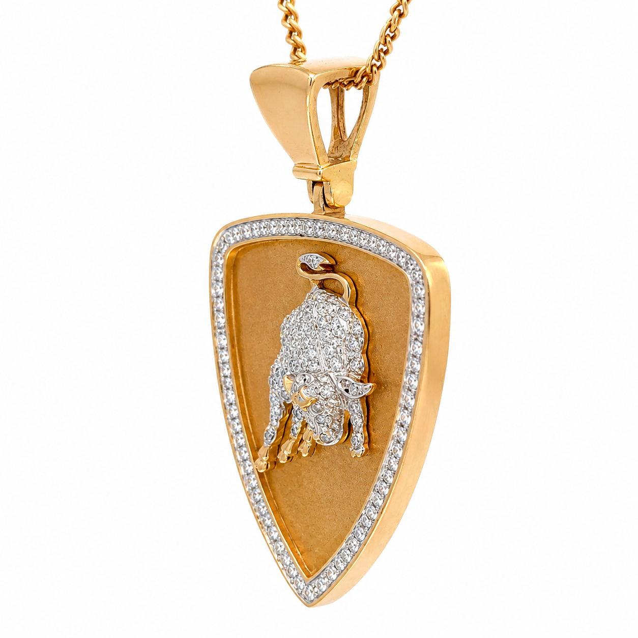 Yellow Gold Diamond Charging Bull Shield Pendant Large Bail