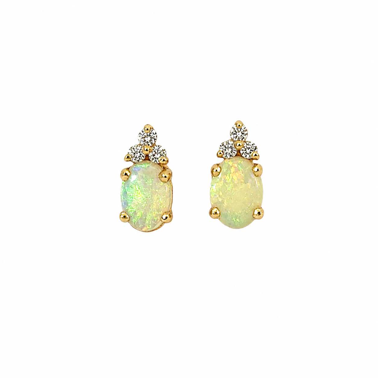 14K Yellow Gold Opal & Diamond Stud Earrings