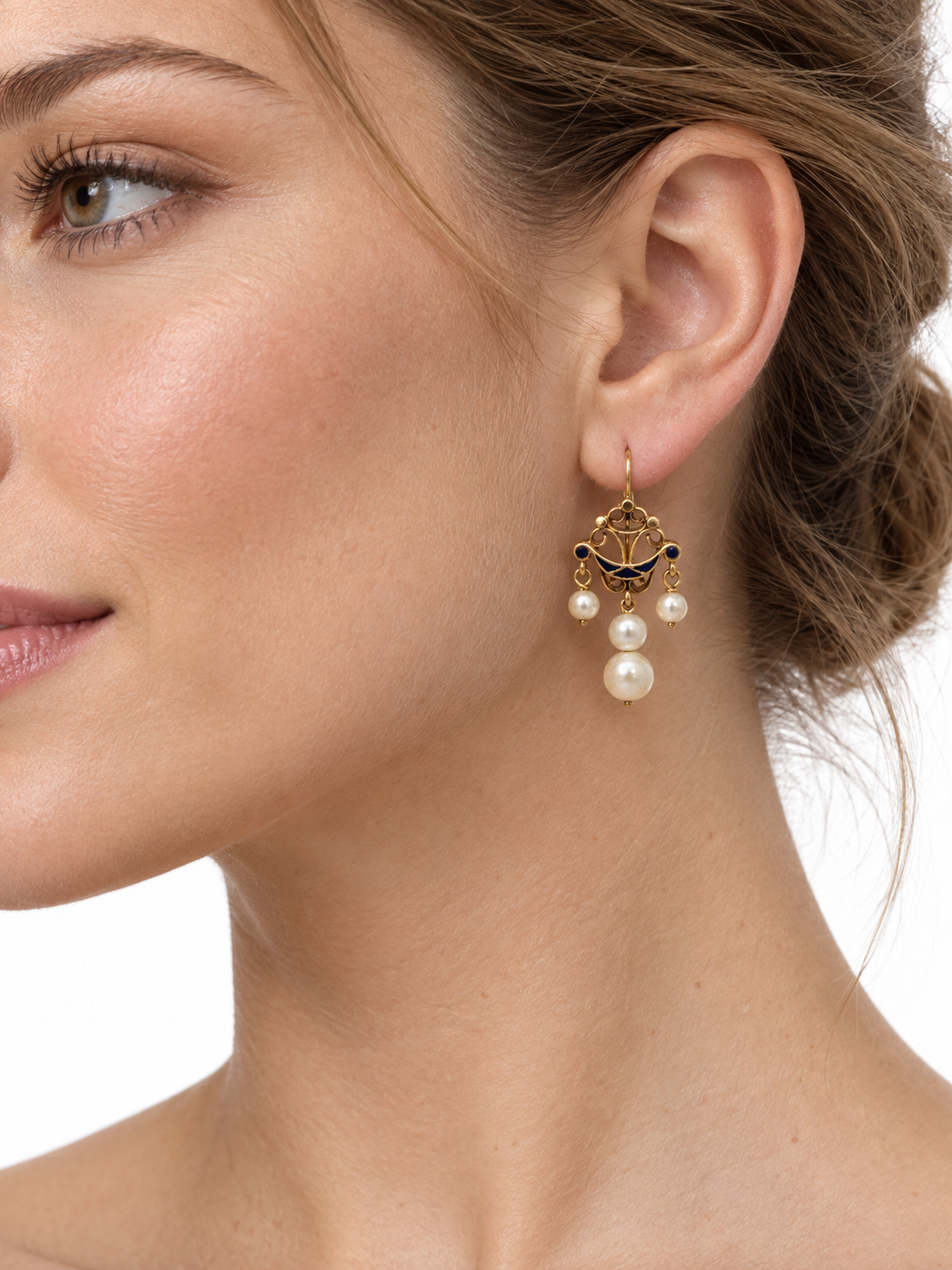 Antique 14K Yellow Gold Dark Blue Enamel & Pearl Drop Earrings