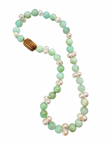 C.W. Vintage Jade, Pearl & 18K Yellow Gold Necklace and Earrings Set