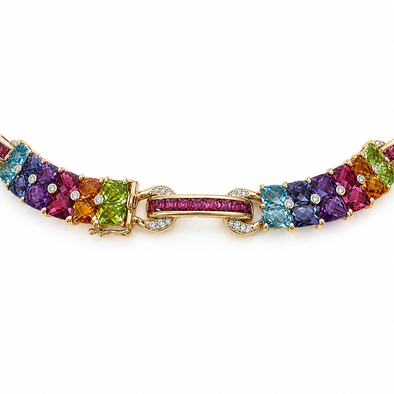 Luxury 18K Gold Rainbow Gemstone Necklace with Diamonds – 70CT Natural Stones, 16”