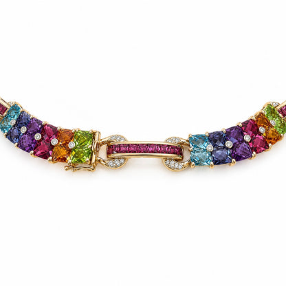 Luxury 18K Gold Rainbow Gemstone Necklace with Diamonds – 70CT Natural Stones, 16”