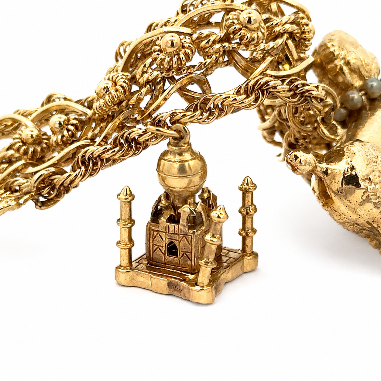 Vintage 14K Yellow Gold Story Charm Bracelet with Nine Gemstone & Pearl Charms