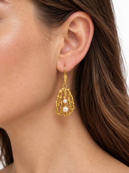 18K Yellow Gold Textured Openwork Pearl Drop Earrings