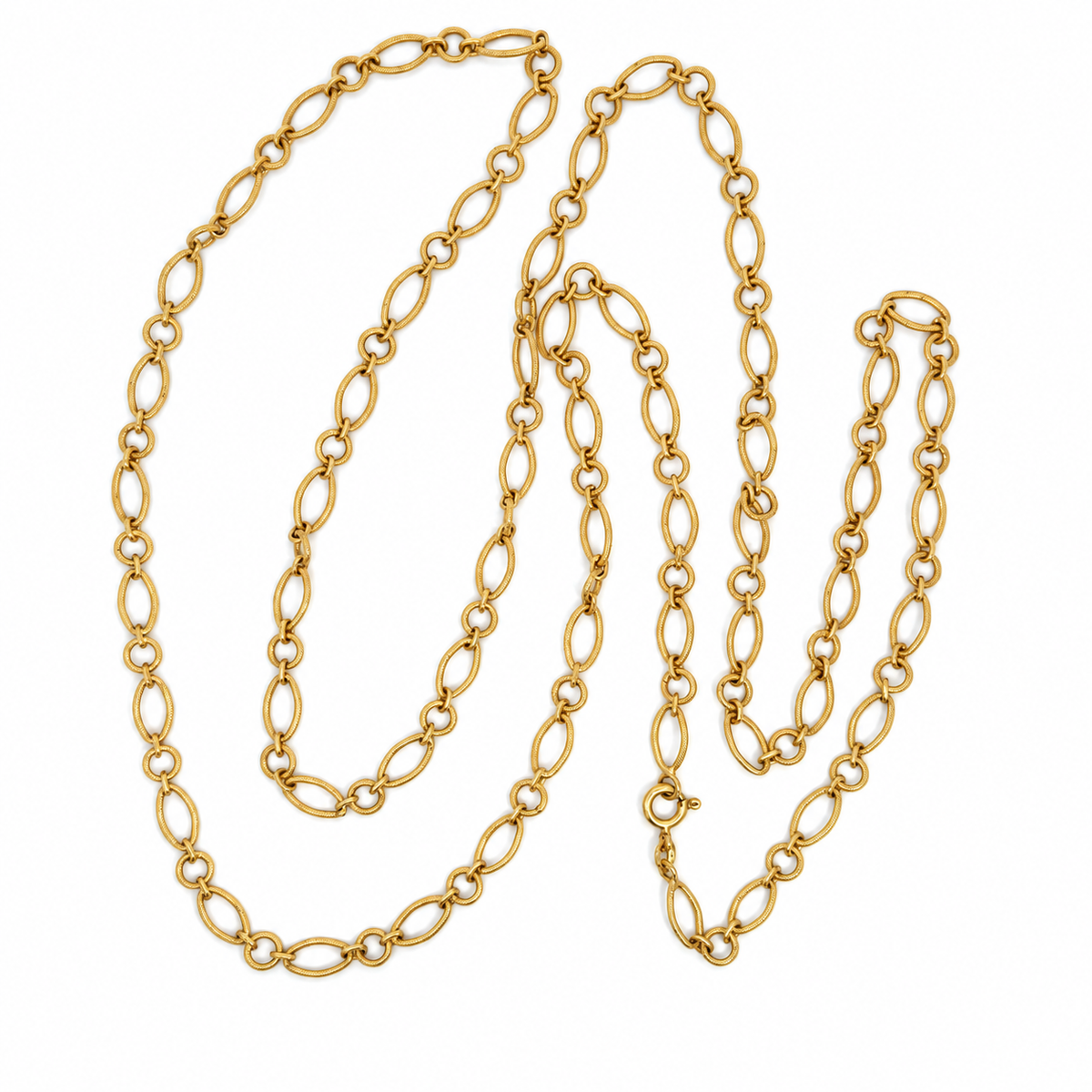 Vintage 1950s 18K Yellow Gold Textured Round & Oval Link Necklace — 40″ Long or Doubled