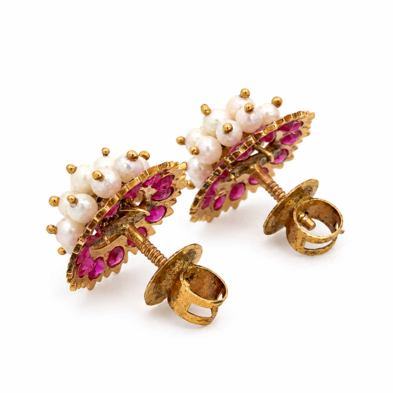 Vintage Retro 14K Rose Gold Ruby & Seed Pearl Floral Earrings
