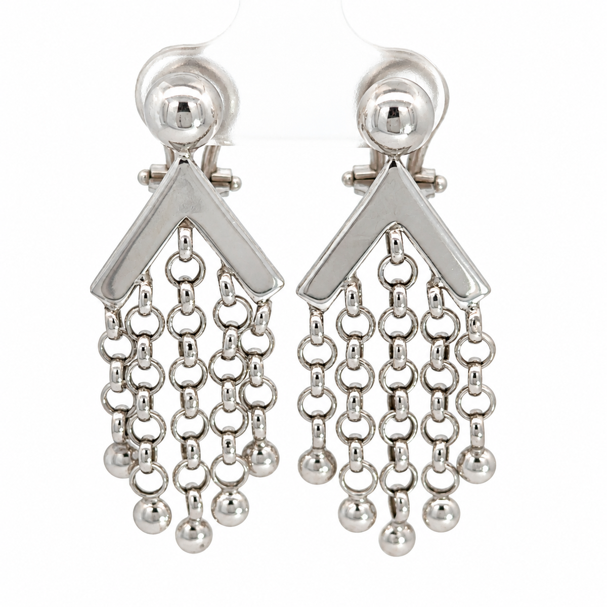 14K White Gold Chevron & Chain Fringe Drop Earrings