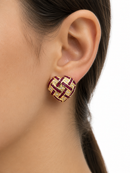 14K Yellow Gold Ruby & Diamond Woven Heart Earrings