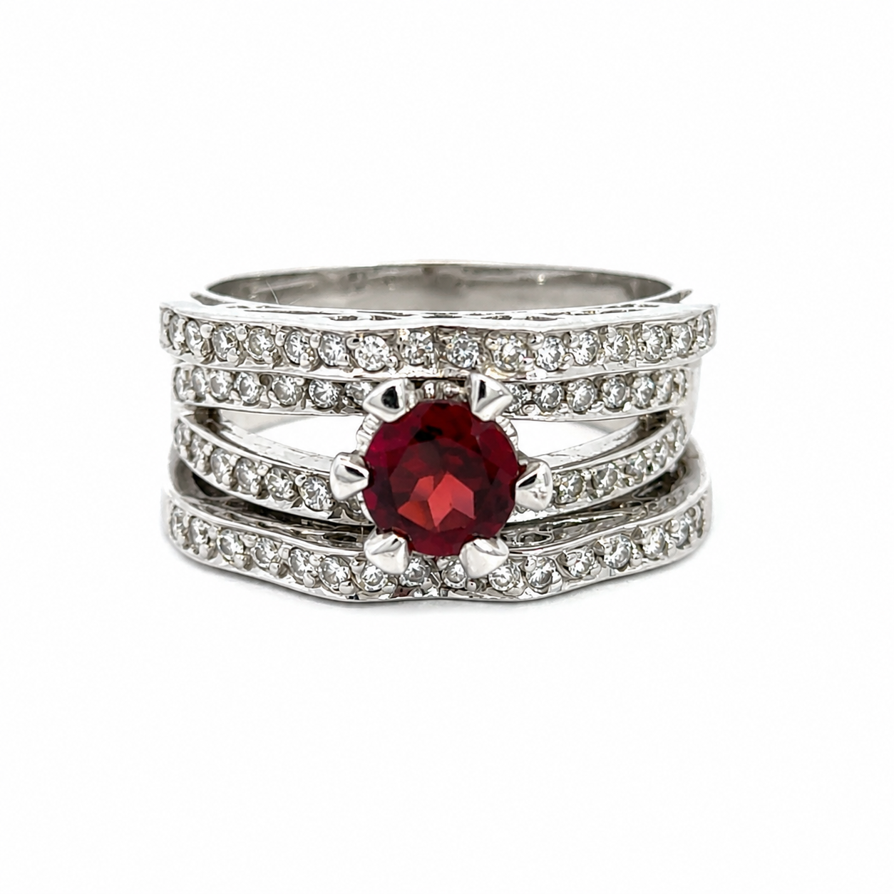 18K White Gold Garnet & Diamond Multi-Band Statement Ring