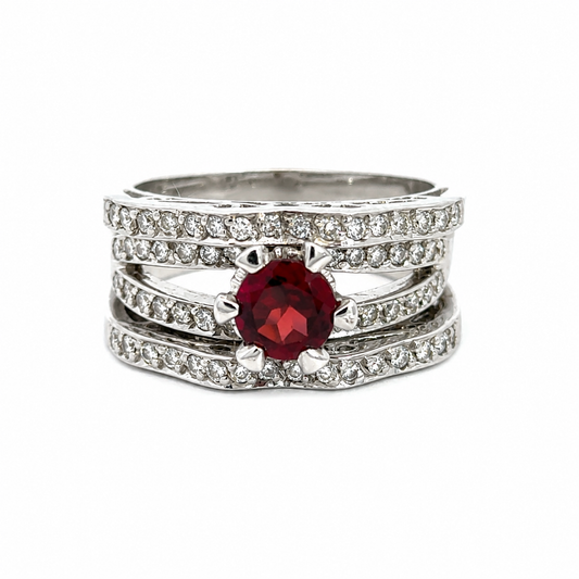 18K White Gold Garnet & Diamond Multi-Band Statement Ring