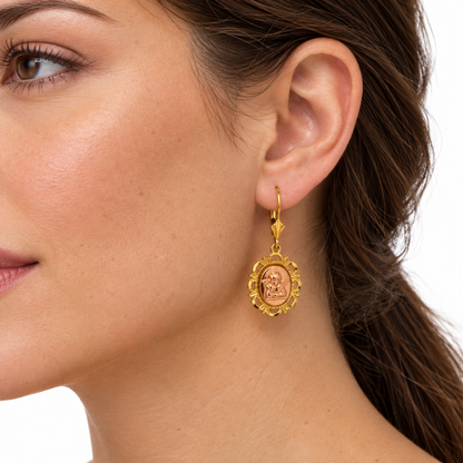 14K Yellow Gold Cherub Medallion Drop Earrings