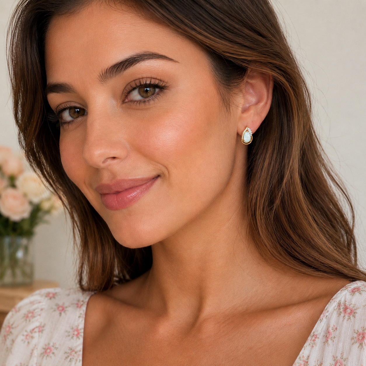 Pear Shape Opal Diamond Earrings in 14K Gold