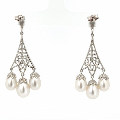 White Gold Three Pearl Filigree Drop Earrings
