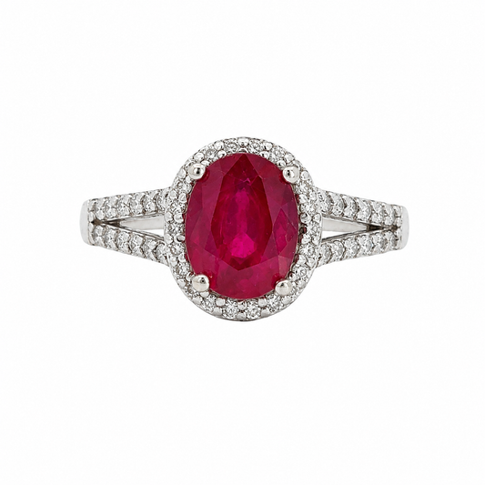 Vintage 14K White Gold Oval Ruby & Diamond Halo Ring