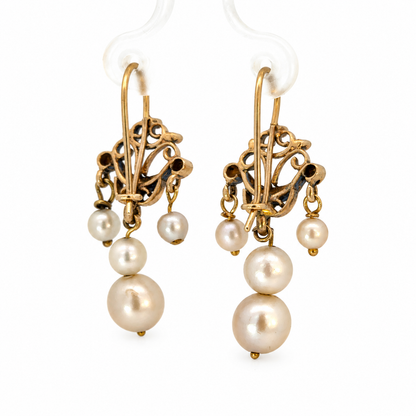 Antique 14K Yellow Gold Dark Blue Enamel & Pearl Drop Earrings