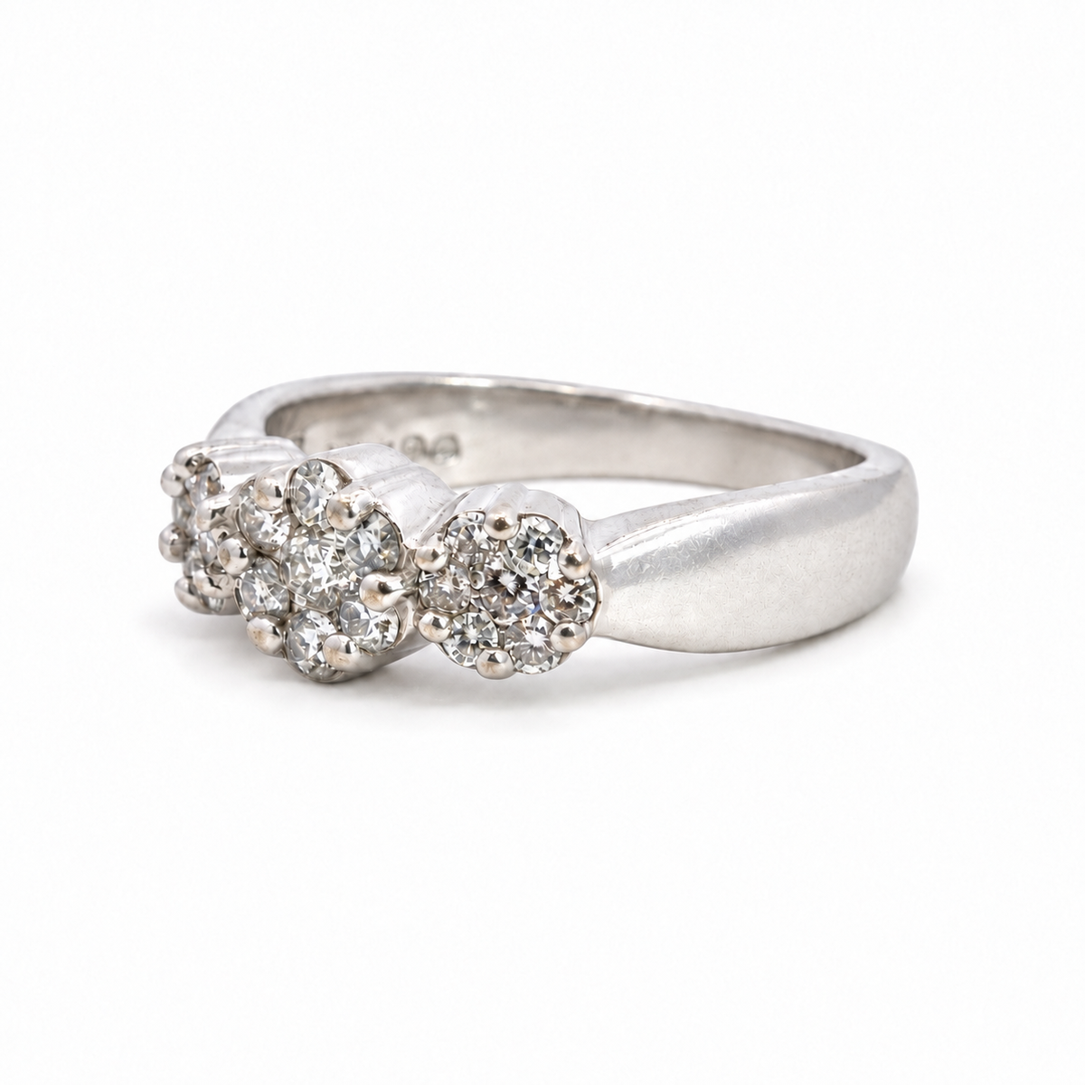 14K White Gold Three-Cluster Diamond Ring