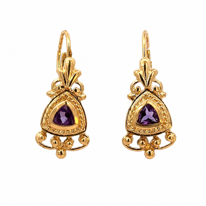 14K Yellow Gold Trillion-Cut Amethyst Ornate Drop Earrings