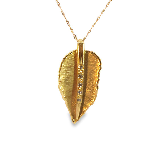 14K Yellow Gold Beech Leaf & Diamond Pendant