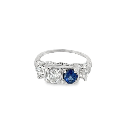 Delicate Antique 18K White Gold Sapphire & Diamond Engagement Ring