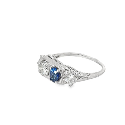 Delicate Antique 18K White Gold Sapphire & Diamond Engagement Ring