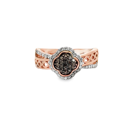 Beautiful Rose Gold Champagne & White Diamond Clover Ring