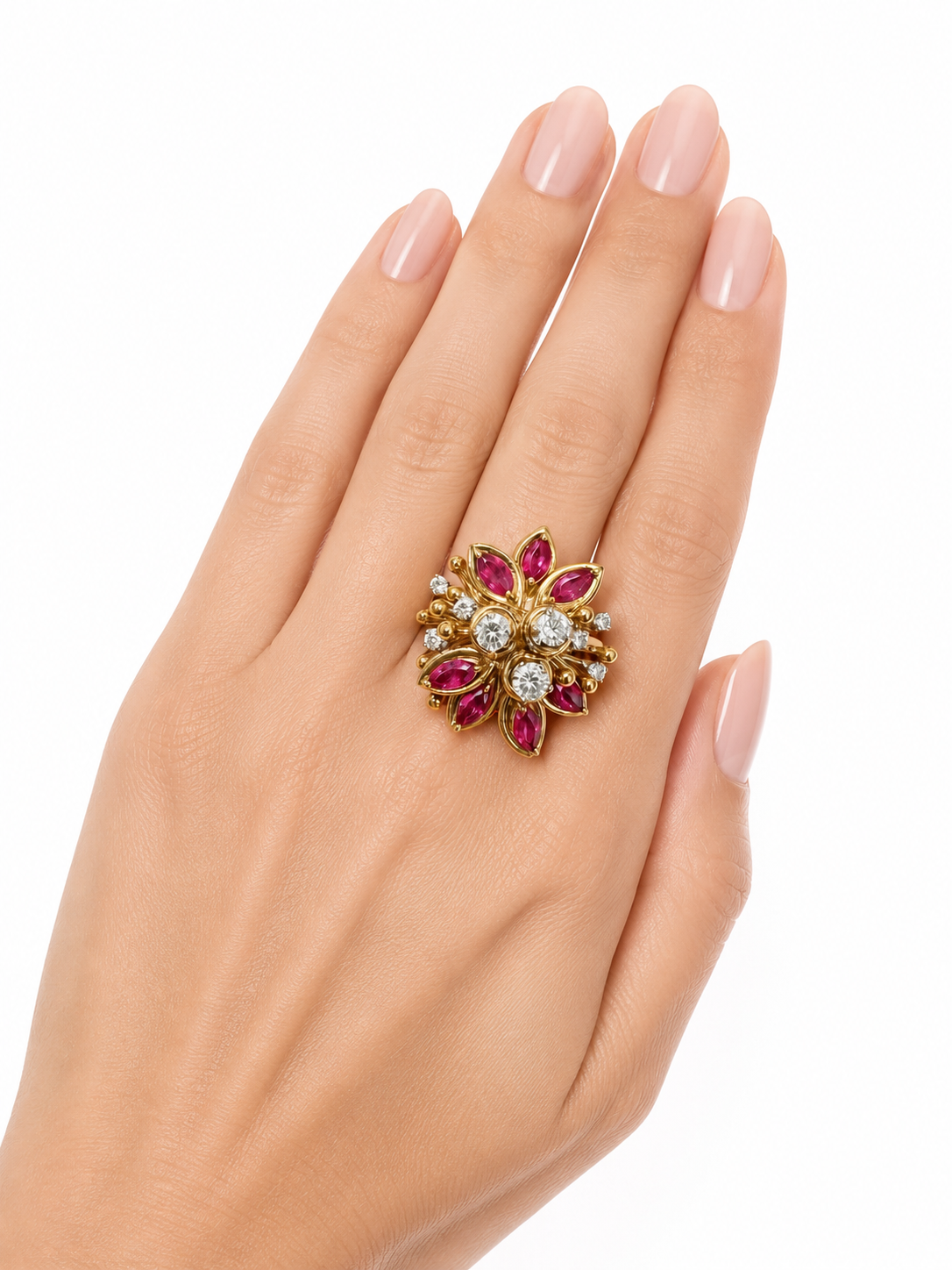Natural Ruby & Diamond Floral Cluster Ring 18K Yellow Gold