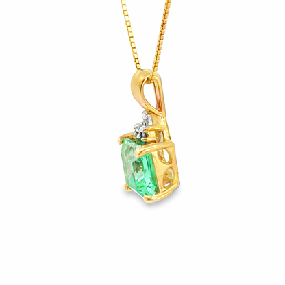 Square Cut Green Tourmaline & Diamond Pendant in 14K Yellow Gold