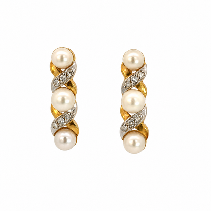 14K Two-Tone Gold Pearl & Diamond Drop Earrings