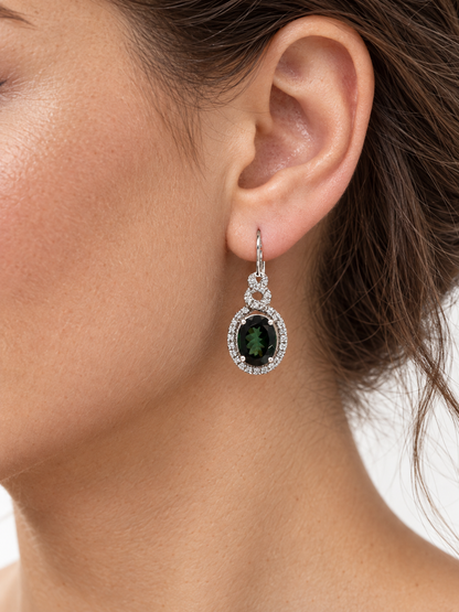 14K White Gold Deep Green Garnet & Diamond Halo Drop Earrings