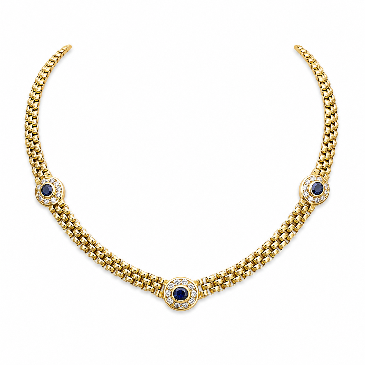Vintage     18K Yellow Gold Sapphire Diamond Necklace – Flexible Link Chain