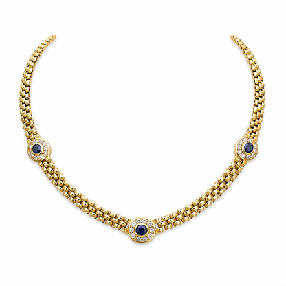Vintage     18K Yellow Gold Sapphire Diamond Necklace – Flexible Link Chain