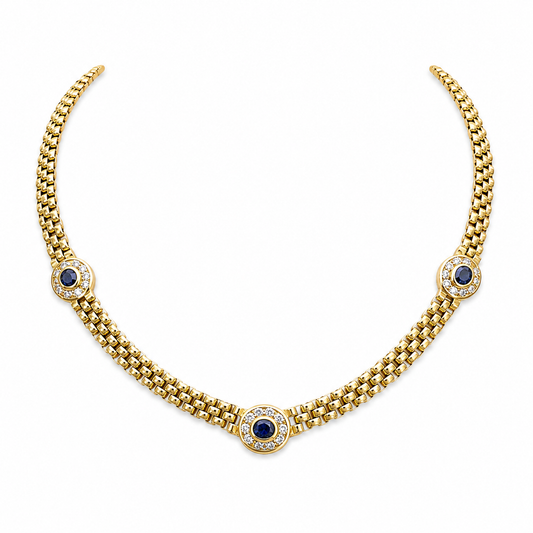 Vintage     18K Yellow Gold Sapphire Diamond Necklace – Flexible Link Chain