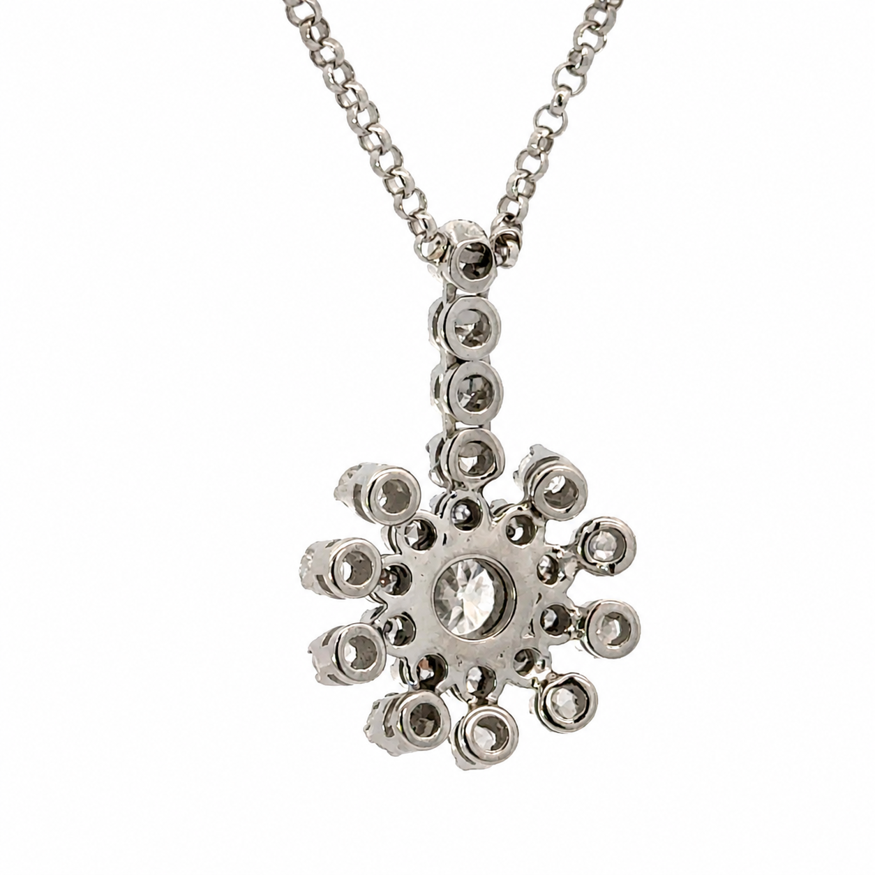 Italian 18K White Gold Diamond Floral Starburst Necklace