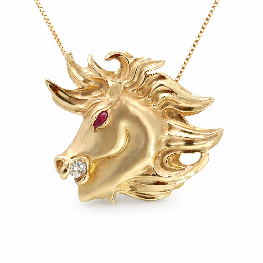 Vintage 14K Yellow Gold Horse Head Pendant with Ruby Eye & Diamond Accent - Equestrian Design