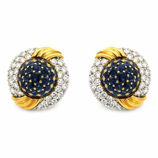 Vintage 1950’s Sapphire & Diamond Dome Earrings in 14K Yellow Gold