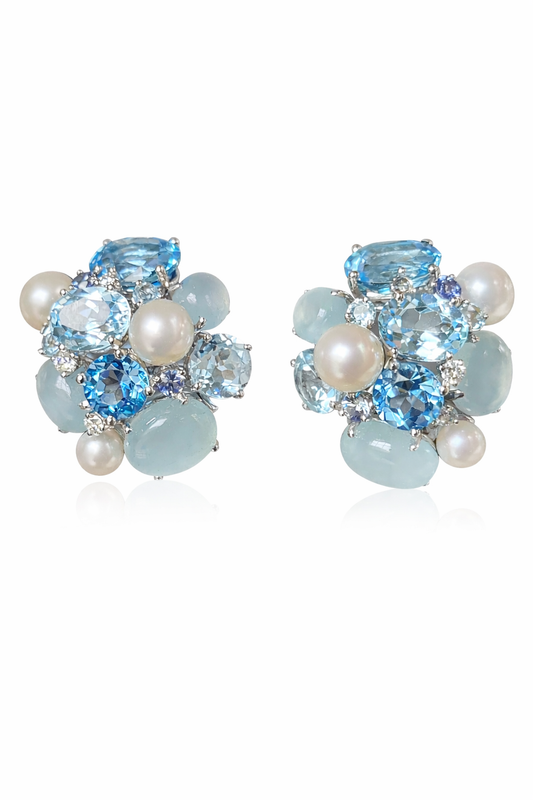 18K White Gold Aquamarine, Pearl & Diamond Cluster Clip-On/French-Clip Earrings