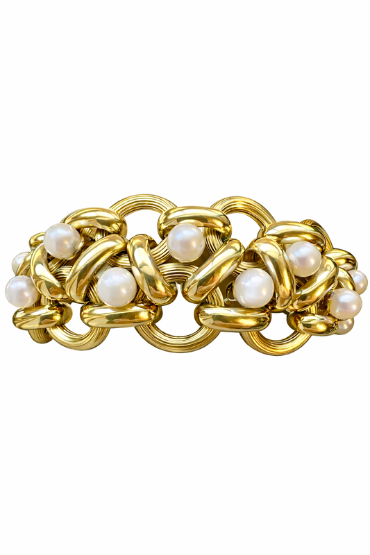 Sculptural 18K Gold & Pearl Bracelet – Mid-Century Design