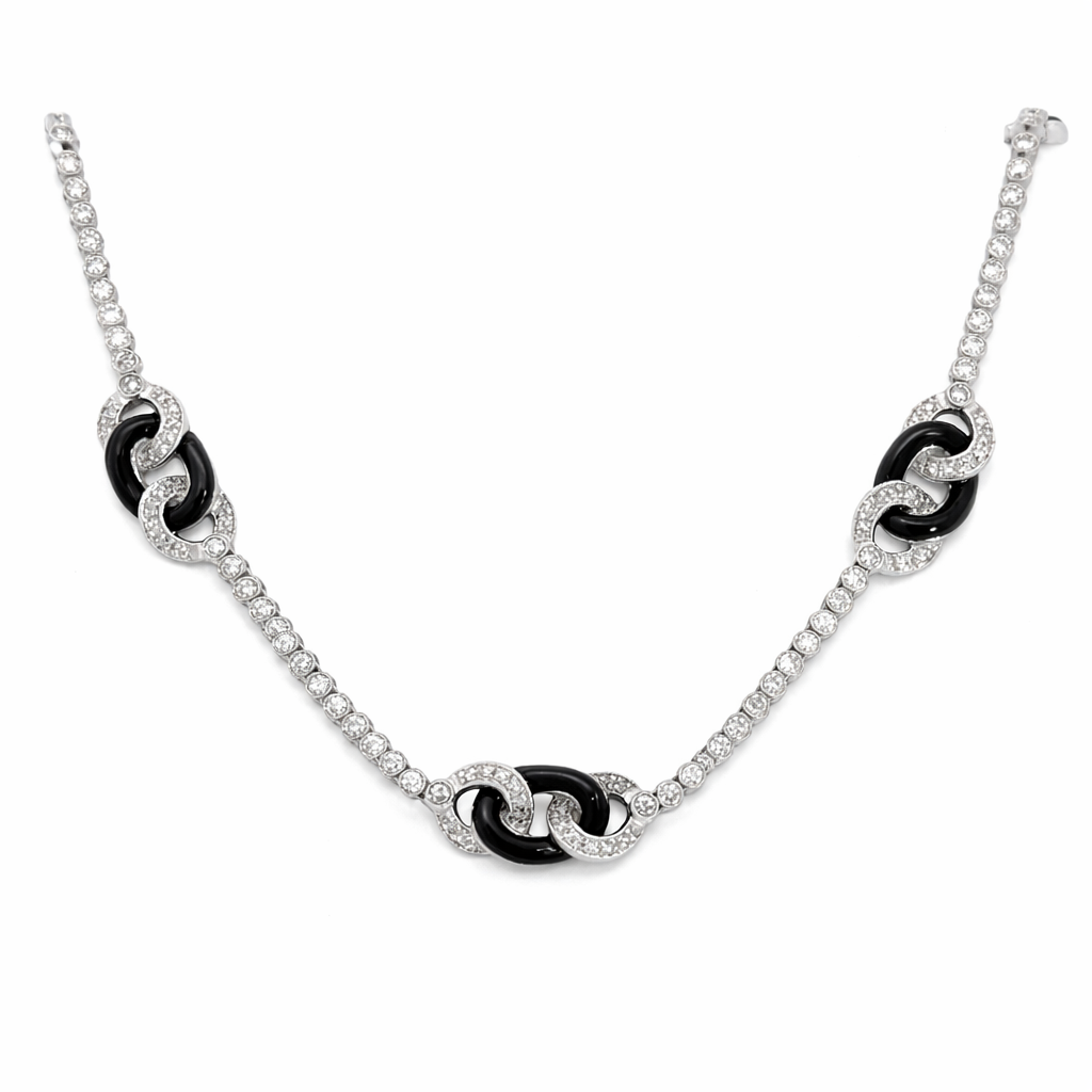 18K White Gold Diamond & Onyx Interlocking Link Necklace