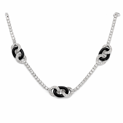 18K White Gold Diamond & Onyx Interlocking Link Necklace