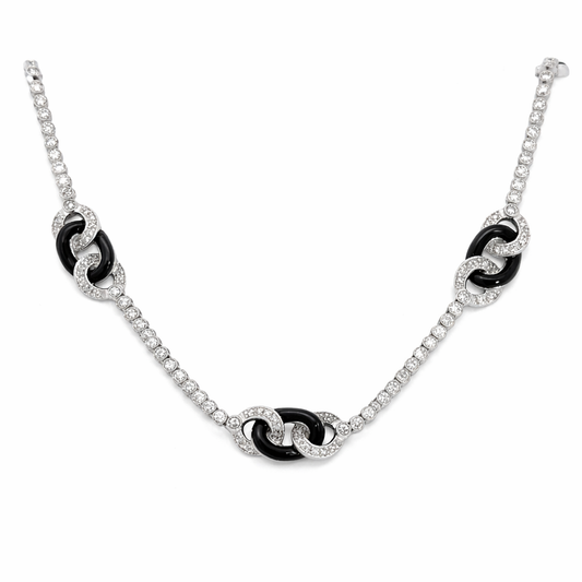 18K White Gold Diamond & Onyx Interlocking Link Necklace