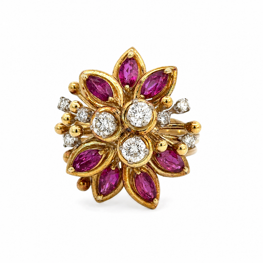 Natural Ruby & Diamond Floral Cluster Ring 18K Yellow Gold