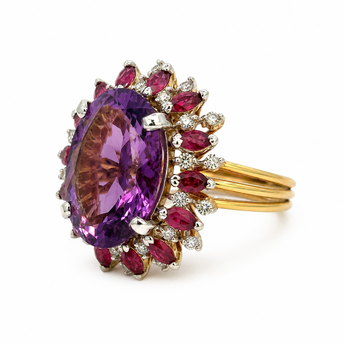 14K Yellow Gold Amethyst, Ruby & Diamond Dome Ring