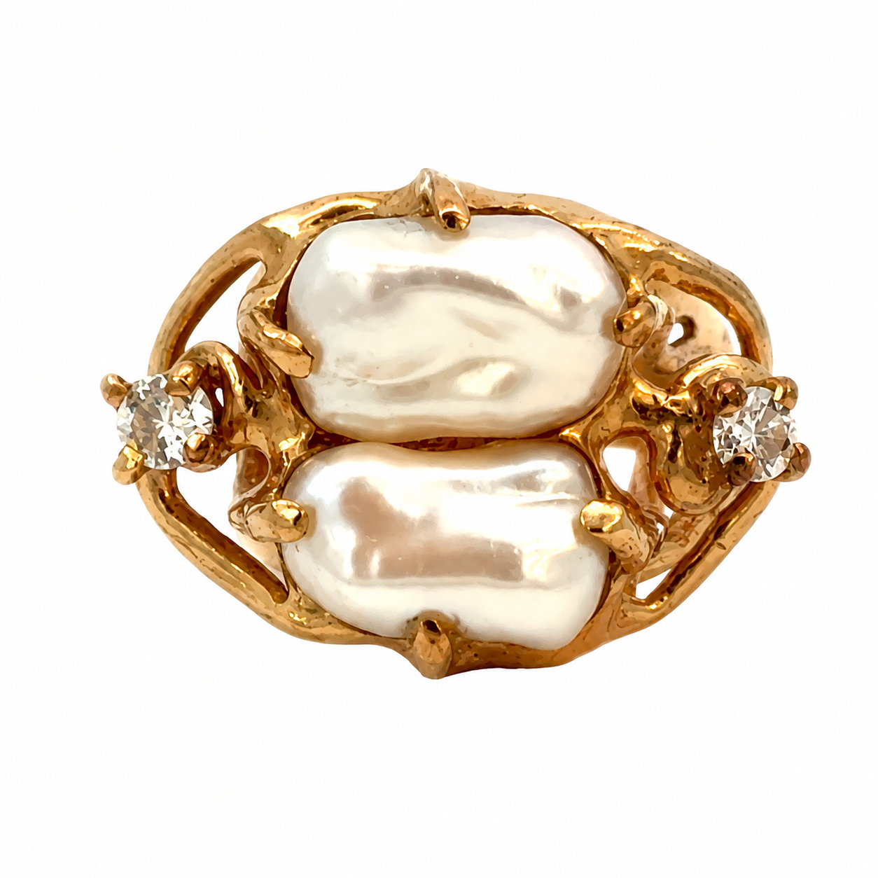 Vintage 1970s 14K Yellow Gold Natural Pearl & Diamond Artistic Statement Ring