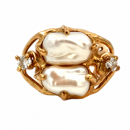 Vintage 1970s 14K Yellow Gold Natural Pearl & Diamond Artistic Statement Ring