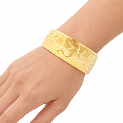 Wide 18K Yellow Gold Bracelet with Engraved Scroll Design